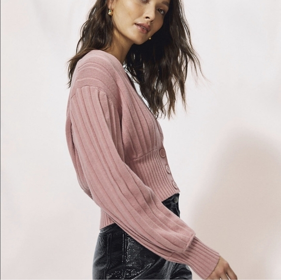 WILFRED New Plunge Front Cardigan  Wool Sweater Mauve Mousse Pink ARITZIA S - Picture 3 of 13